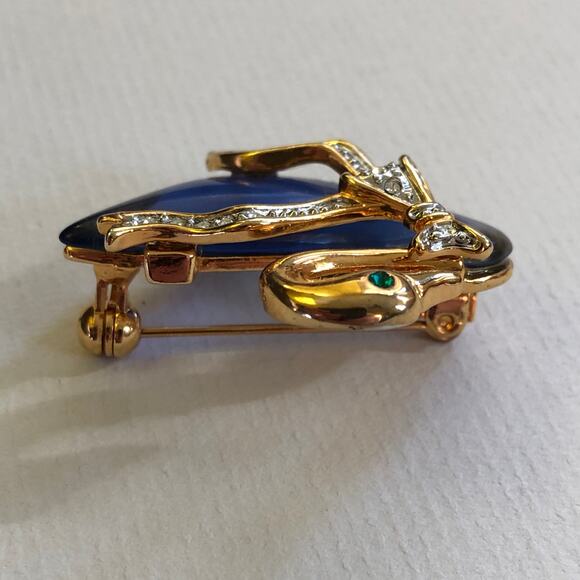 Swan Brooch With Blue Translucent Body Gold Tone Rhinestone Ribbon Vintage Retro - Picture 8 of 10